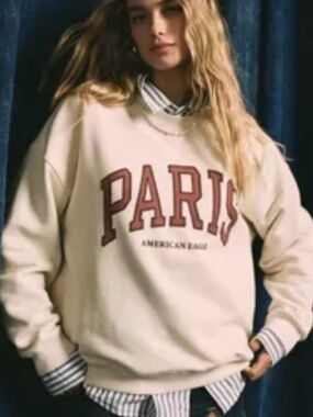 American Eagle Outfitters Cream Sweatshirt with Maroon 'PARIS' Graphic size S